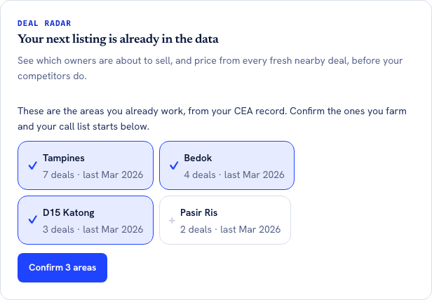 The Deal Radar card headed Your next listing is already in the data. A line reads: these are the areas you already work, from your CEA record. Four area chips follow: Tampines with 7 deals last Mar 2026, Bedok with 4 deals, D15 Katong with 3 deals, each ticked, and Pasir Ris with 2 deals unticked. A blue button reads Confirm 3 areas.
