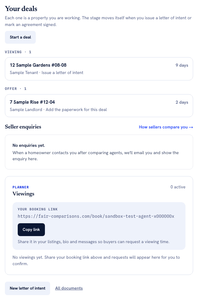 The Pipeline tab. Under Your deals, a Viewing group holds 12 Sample Gardens #08-08 with Sample Tenant, Issue a letter of intent, 9 days; an Offer group holds 7 Sample Rise #12-04 with Sample Landlord, Add the paperwork for this deal, 2 days. Below are Seller enquiries and a Viewings planner with a booking link. At the bottom sit two controls: New letter of intent, and a quieter All documents link.