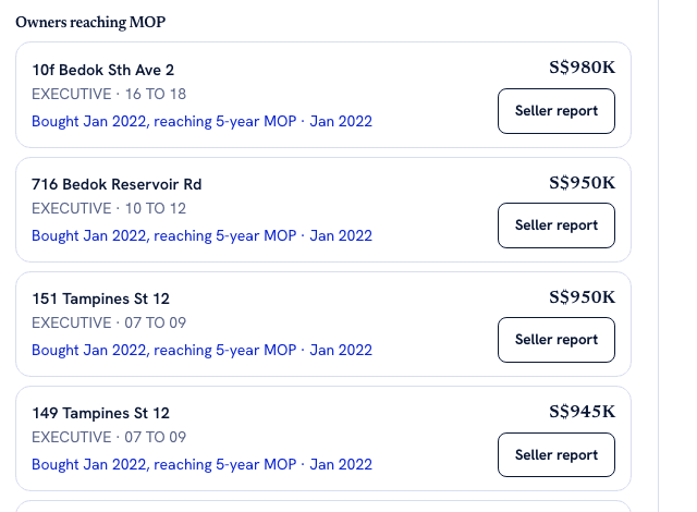 A list headed Owners reaching MOP. Four rows, each an HDB block: 10f Bedok Sth Ave 2 at S$980K, 716 Bedok Reservoir Rd at S$950K, 151 Tampines St 12 at S$950K and 149 Tampines St 12 at S$945K. Each row shows the flat type and floor range, for example EXECUTIVE, 16 to 18, and a blue line reading Bought Jan 2022, reaching 5-year MOP, Jan 2022. Every row has a Seller report button.