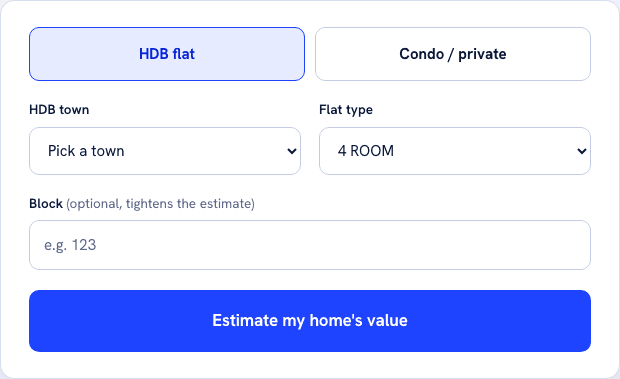 A result card headed ESTIMATED VALUE RANGE reading $620,000 to $758,000, with Most likely around $663,000 beneath it and a horizontal range bar marked with the same two figures. A line reads: High confidence, 30+ recent comparable sales. Based on 793 transactions over the last 12 months. Under a heading RECENT COMPARABLE SALES, five HDB resales are listed with block, flat type, floor area and storey band, priced from $575,000 to $730,000. A dark button reads Compare agents who sell at the top of this range, free. At the foot, a note says we will email you when this estimate moves more than 2%, above an email field, an optional WhatsApp field, a consent tick box, and a button reading Track this value.