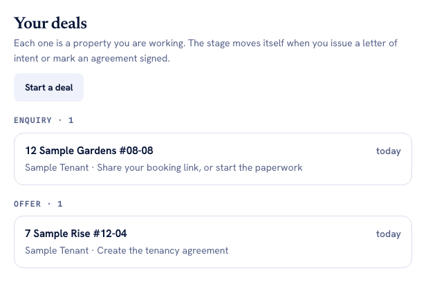 The Pipeline tab. A heading reads Your deals, with a Start a deal button. Below it two stage groups: Enquiry with one deal at 12 Sample Gardens #08-08 reading Share your booking link, or start the paperwork, and Offer with one deal at 7 Sample Rise #12-04 reading Create the tenancy agreement. Each row shows how long it has been sitting, here today.